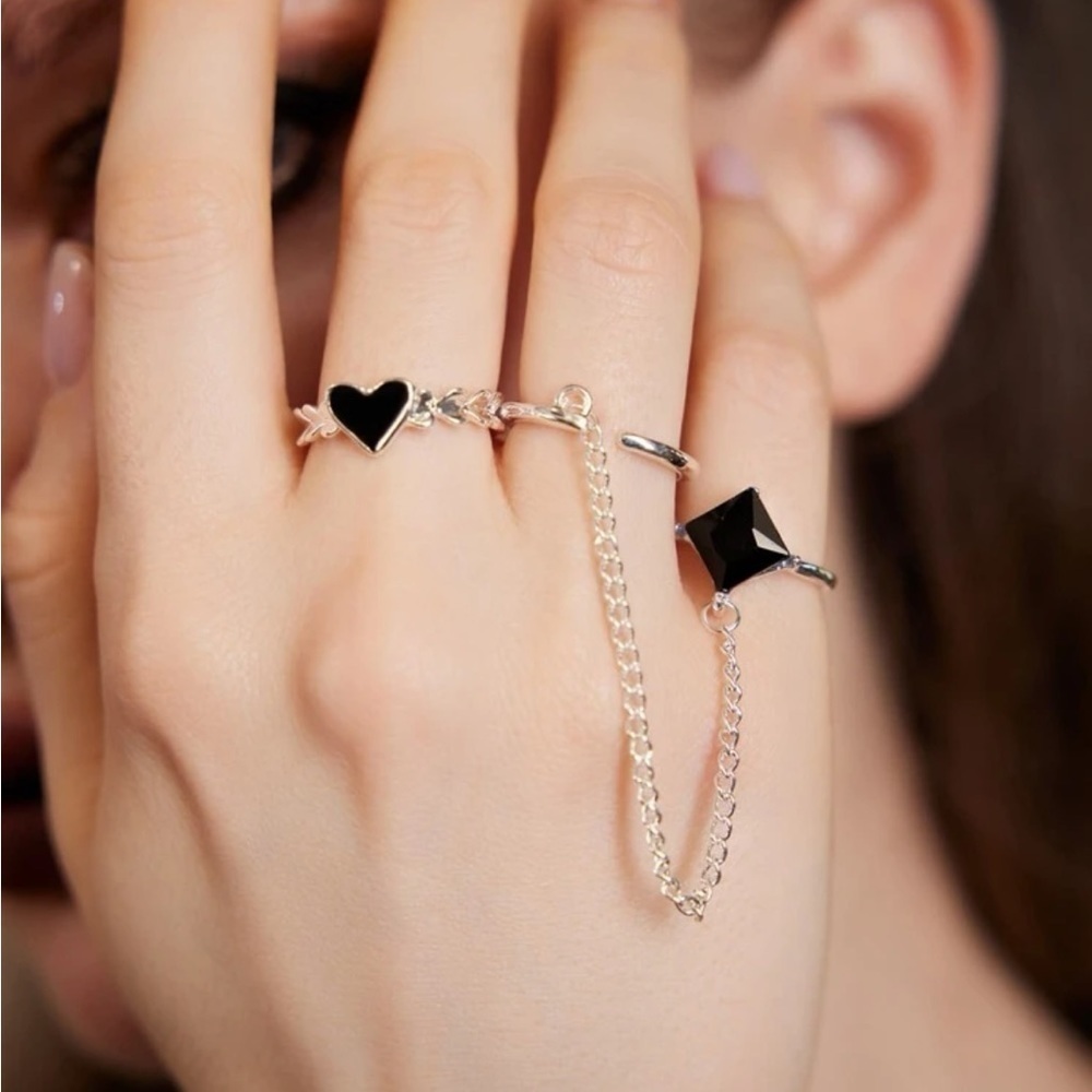 SILVER  2pc Heart Geometric Ring Set